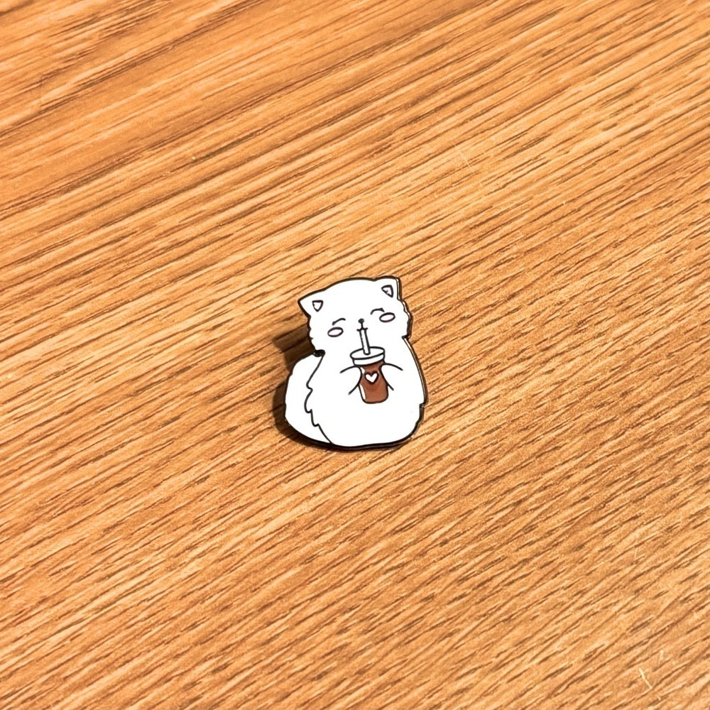 Women’s Accessories Cute White Furry Cat Happily Drinking Red Cup Enamel Pin
